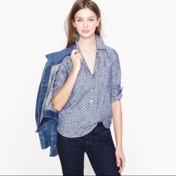 🌹J.Crew Factory Blue Chambray Popover Button Up Shirt Womens Casual XS Button - Picture 3 of 9